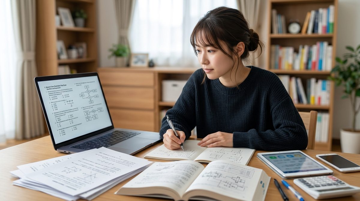 ノートパソコンの試験問題を見ながらノートに書き込む女性