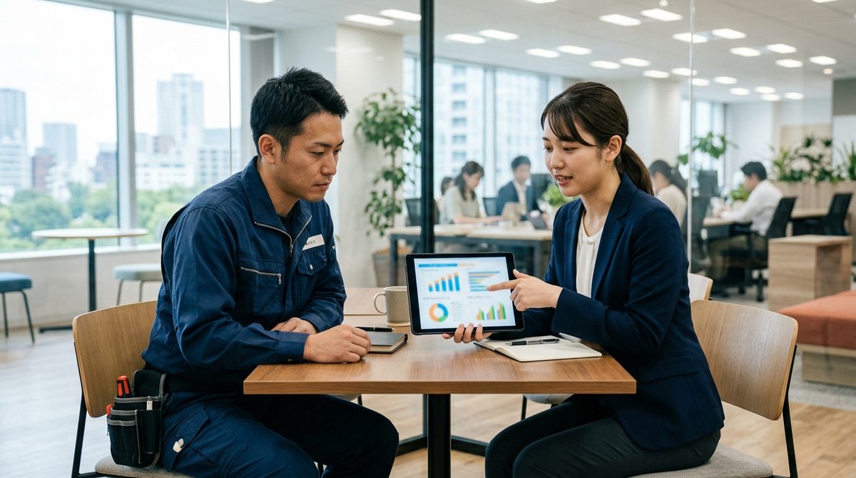 オフィスで作業着の男性に女性がタブレットでデータ説明