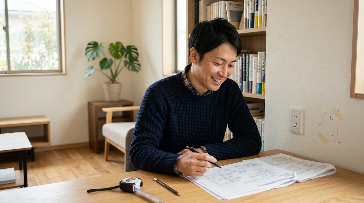 自宅で男性が笑顔で設計図にペンを走らせ、DIY計画を練る