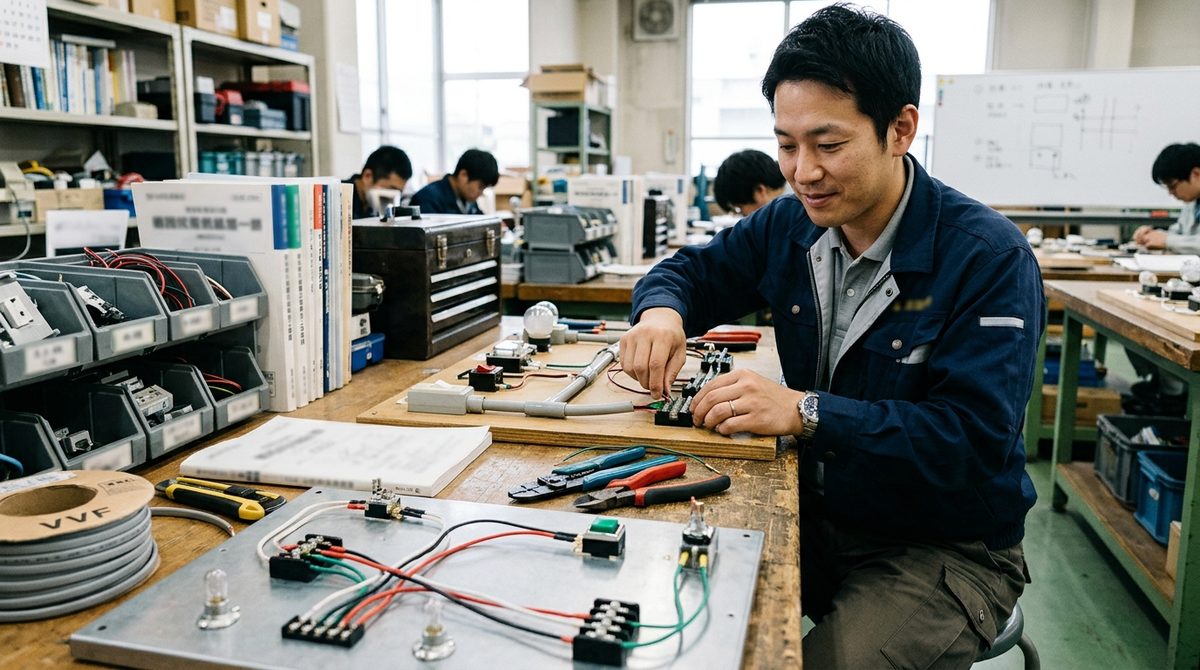 電気工事士のケーブルを加工し、欠陥箇所を分析する男性
