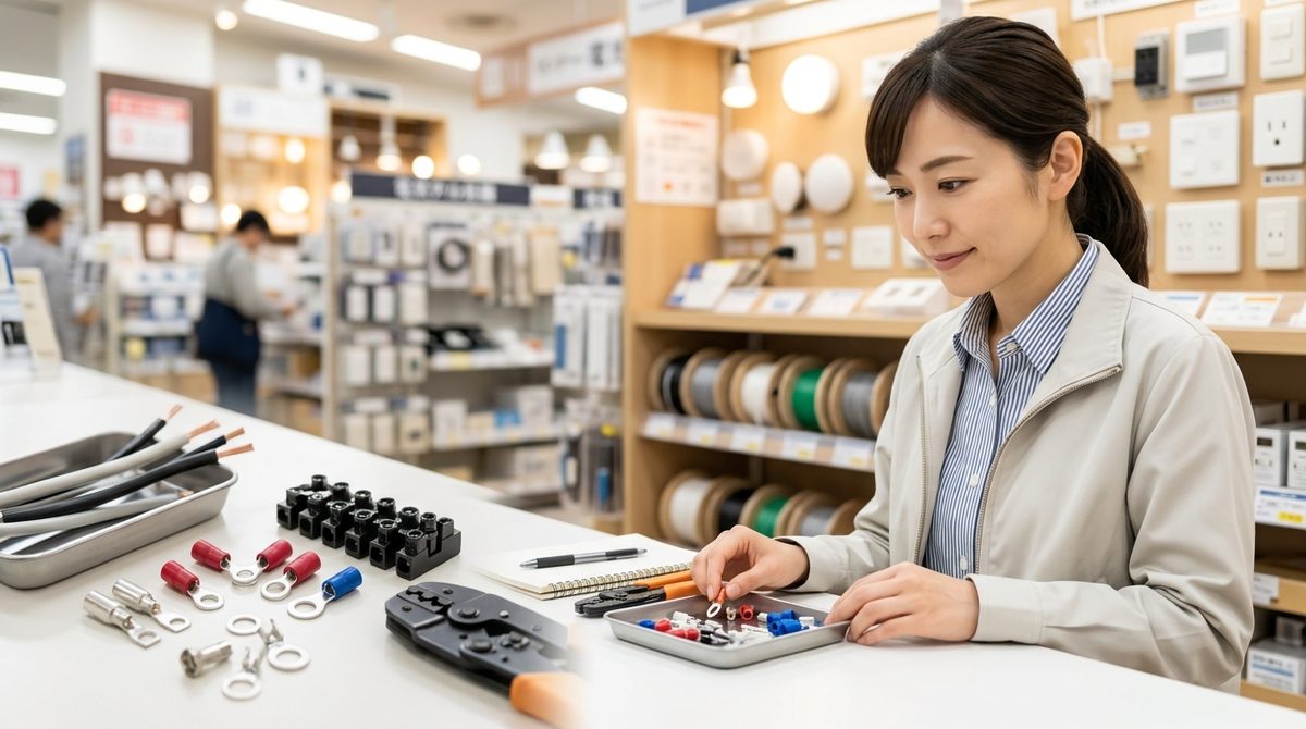 DIY店で電線や端子、工具を扱う女性
