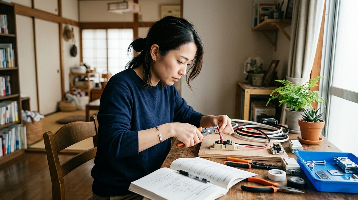 自宅で女性が工具を使い電子回路を配線