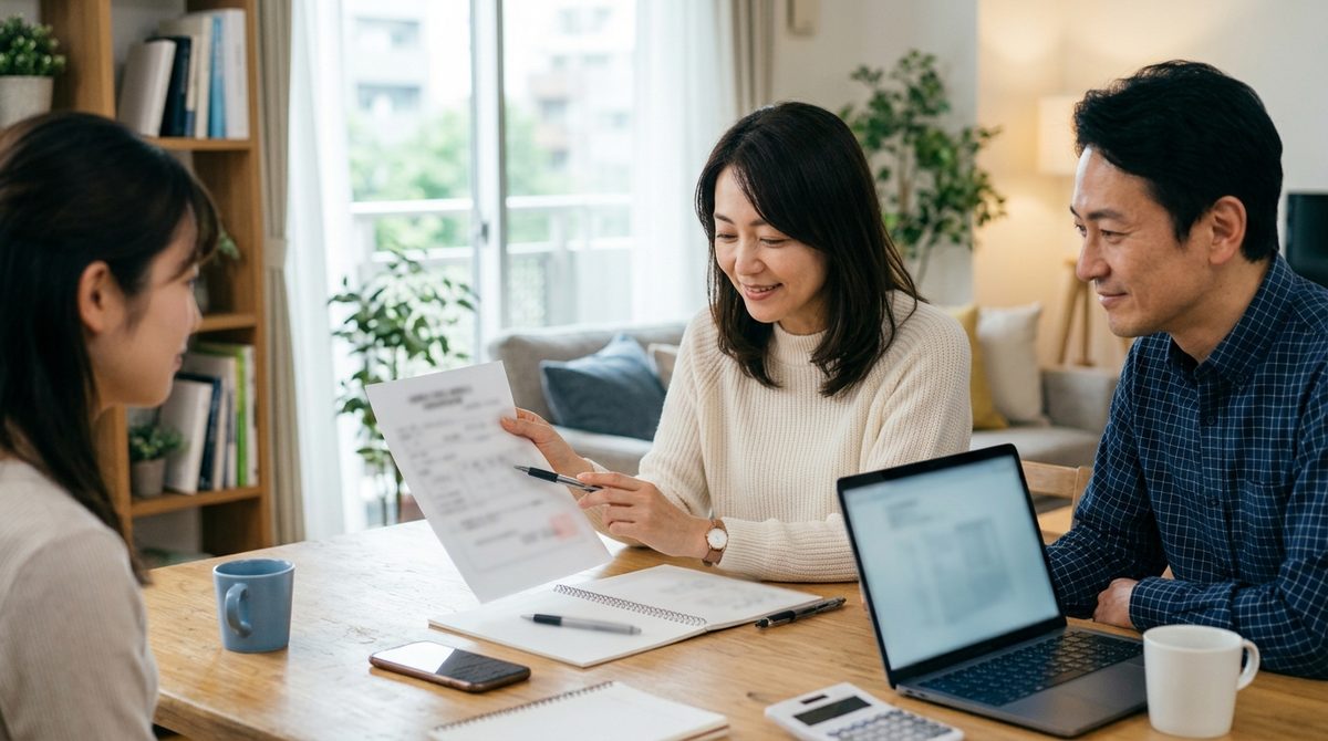 リビングで女性が夫婦に書類を指しながら説明