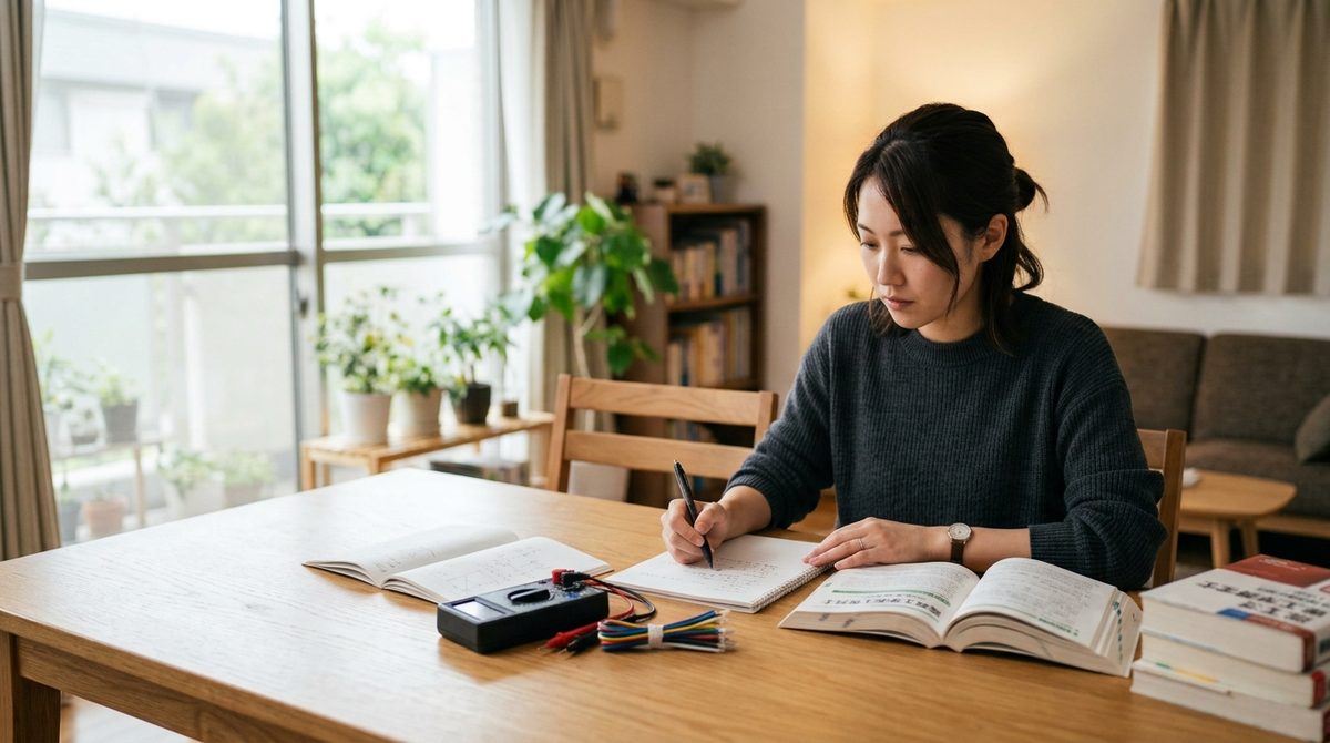 リビングで電子工作の勉強をする女性、ノートとテスター