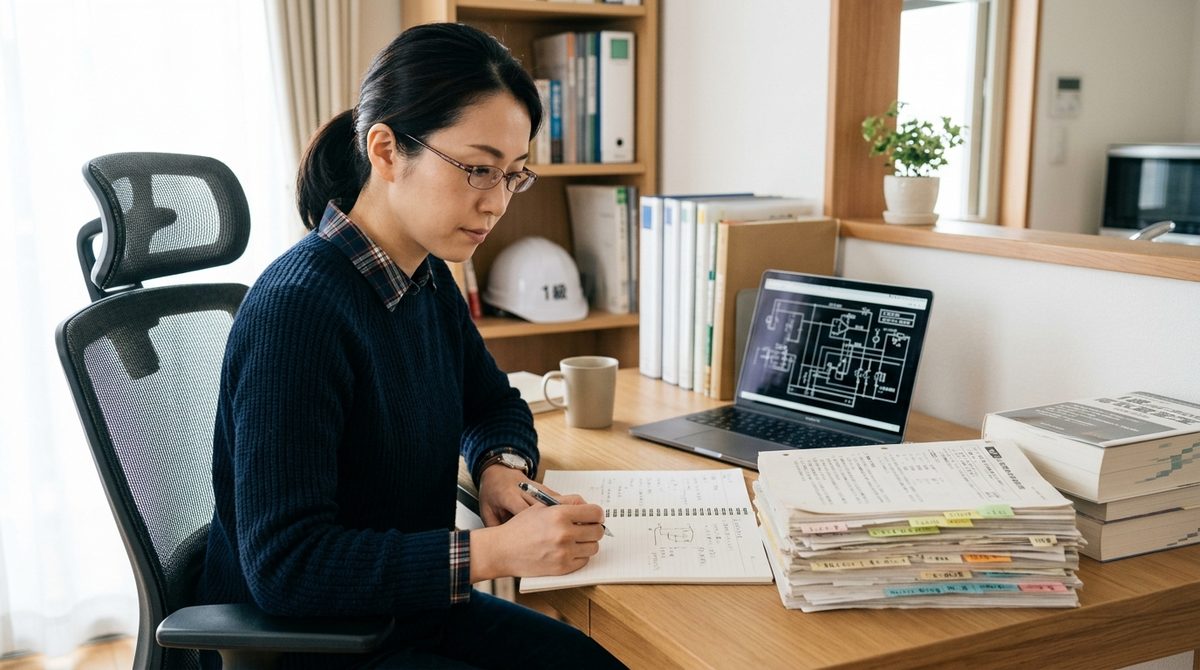 デスクでPCの回路図を見ながらノートに書き込む女性