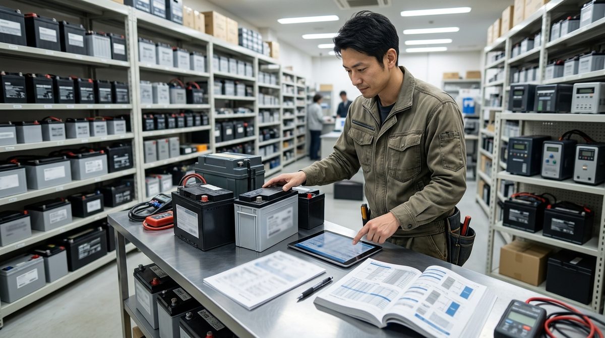 バッテリー倉庫で男性がタブレットを操作し、在庫管理を行う