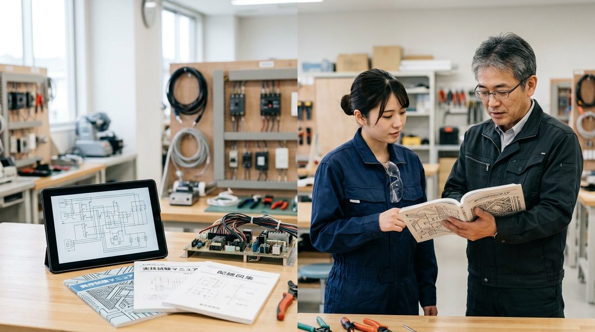 電子作業場で回路図集を元に技術を教え合う男女