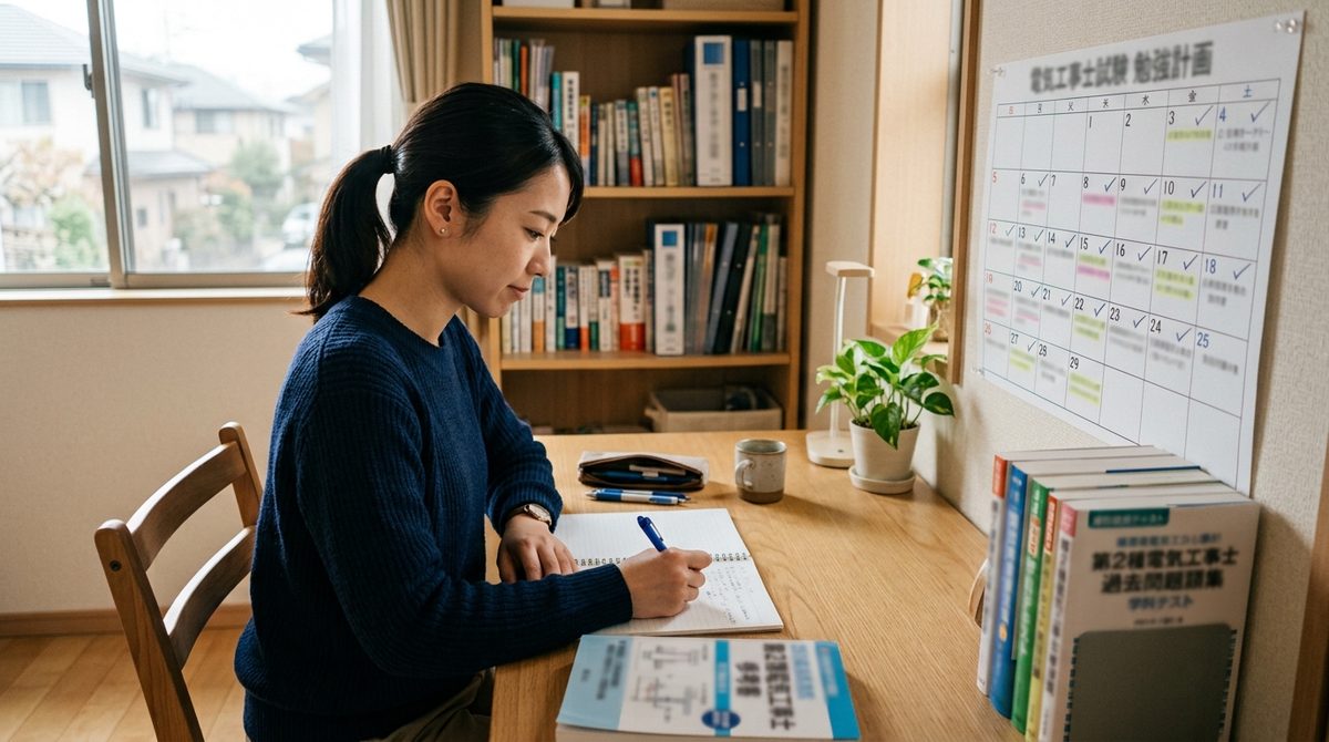 自宅の机で電気工事士の参考書を前にノートに書く女性