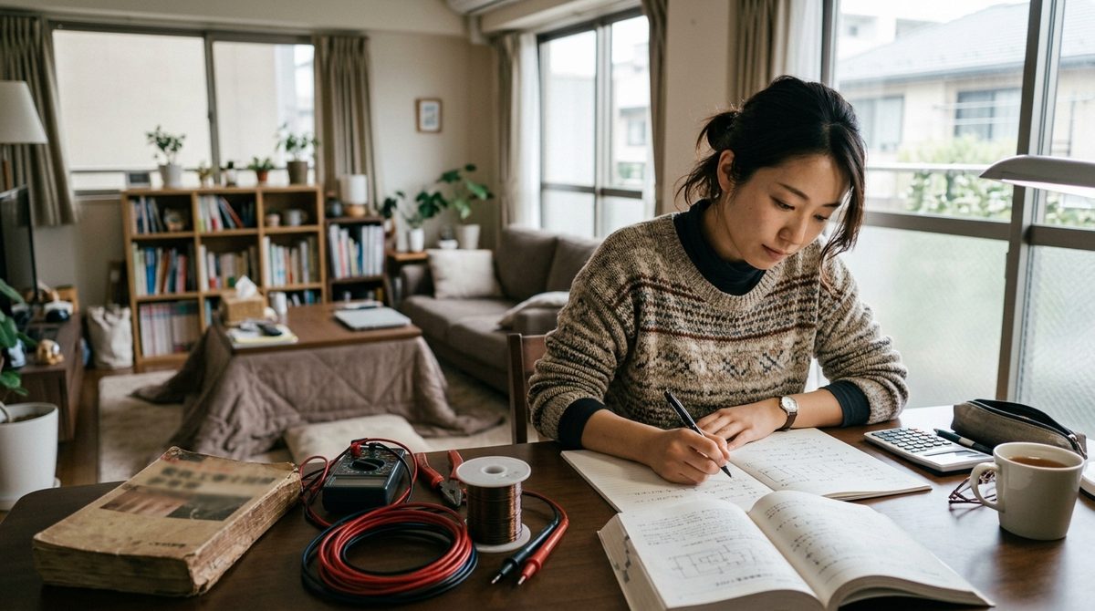 自宅で電気工学の教科書を広げノートに書き込む女性